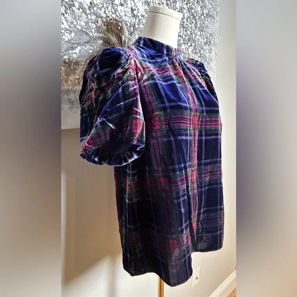 Boden Velvet Plaid Puff Sleeve Top - Navy, Red & Green size US 4 UK 8